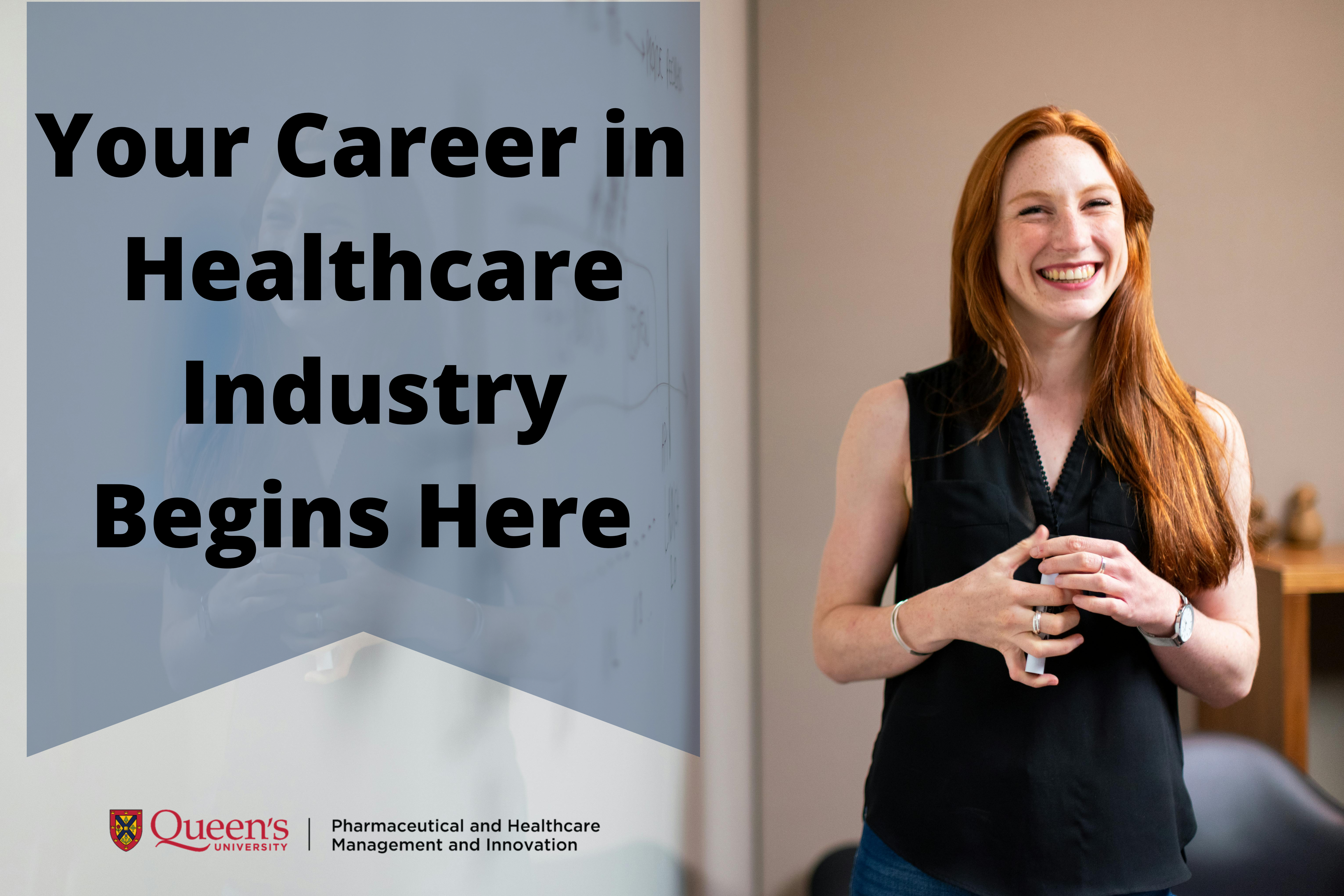 A woman in a black tank top stands smiling beside a whiteboard. To her left, black text on a light blue background reads 